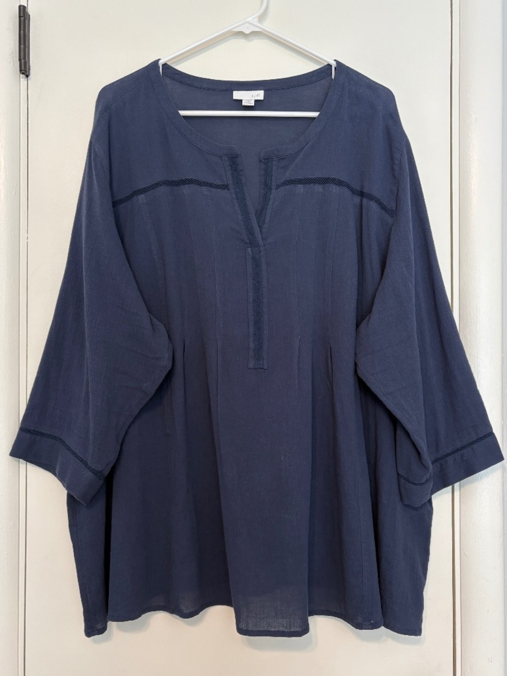 J. Jill Women's Plus Perfect Crinkled Cotton Pleated Tunic Shirt Top 3X Blue